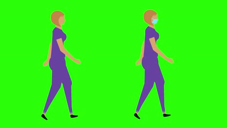 women walking cycle seamless loop , face mask version, green screen chroma key animation, flat design