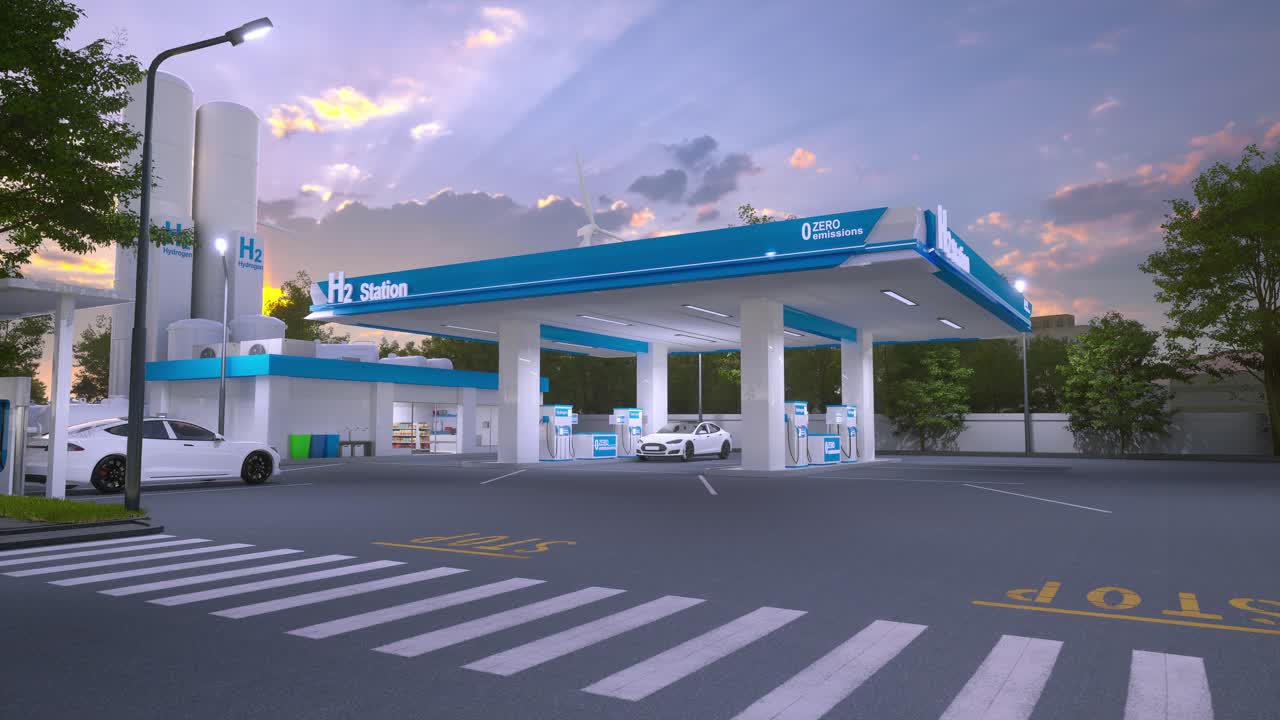 モダンな水素ステーション、電気自動車、そして風力タービン