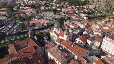 kotor church of saint nicholas seen from above, aerial drone shot, circle pan