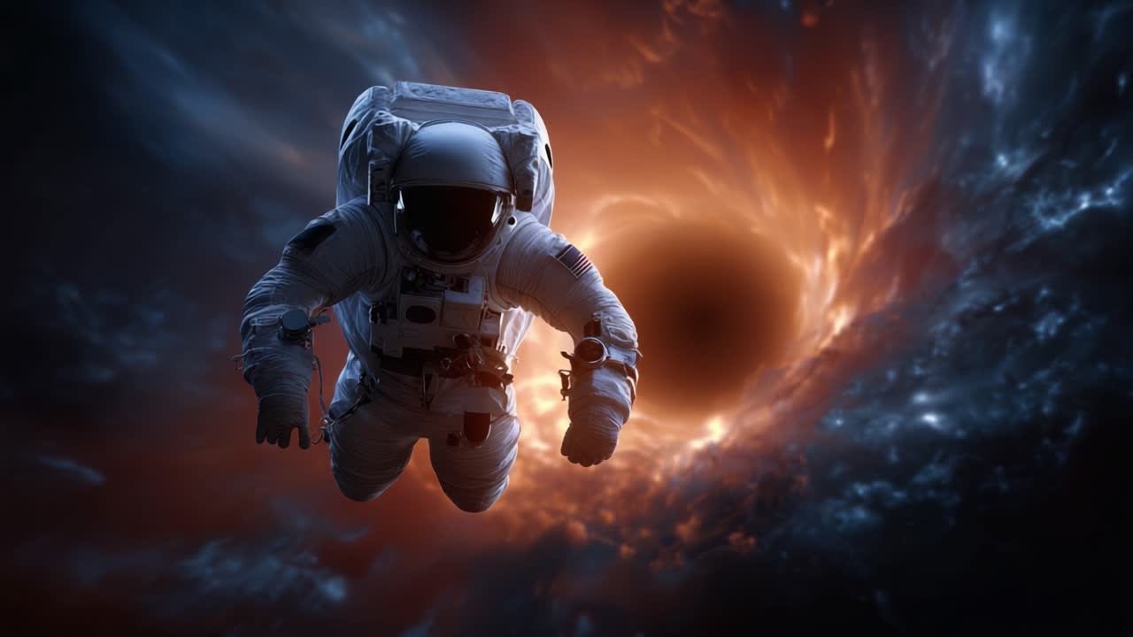 En astronaut vover sig ind i afgrunden af et hvirvlende sort hul, der udforsker universets mysterier og grænserne for menneskelig stræben inden for dyb rumudforskning.