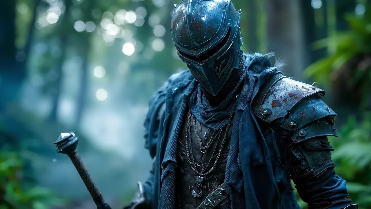 un hombre con armadura sosteniendo una espada en un bosque