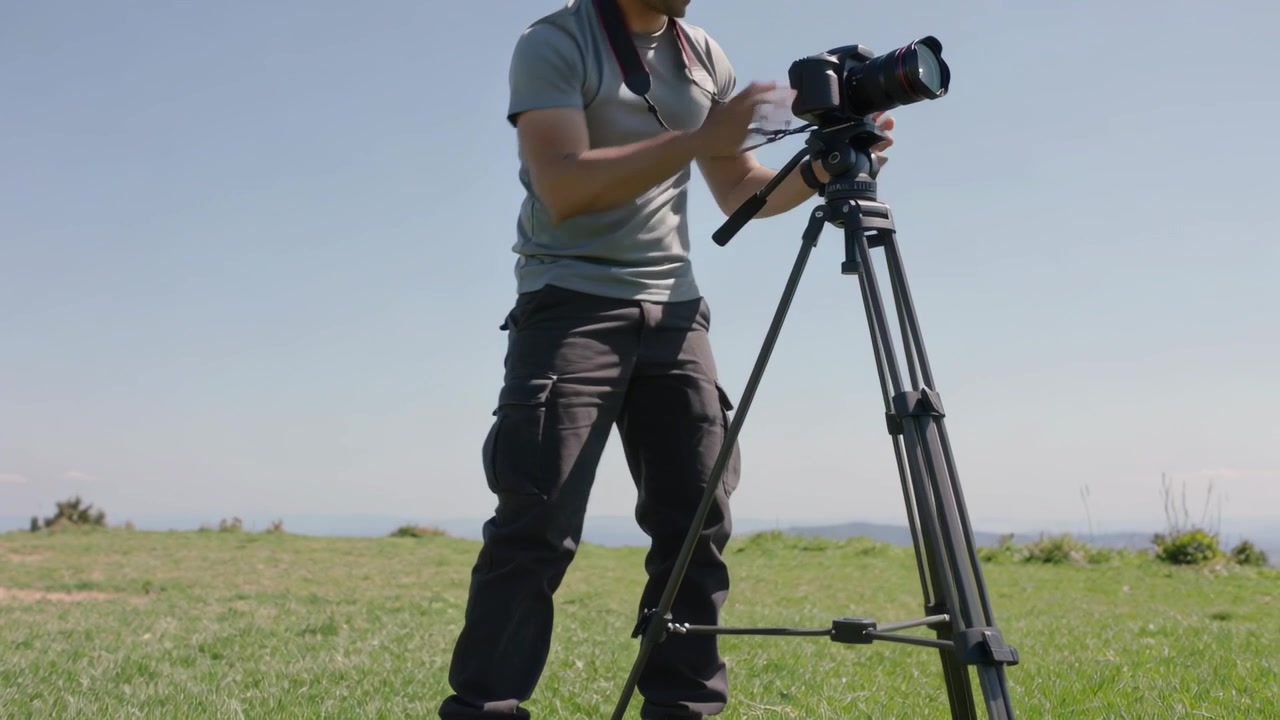 Ankommer til bakketop, fotograf i grå T-shirt fastgør stativ, monterer DSLR og komponerer landskab.