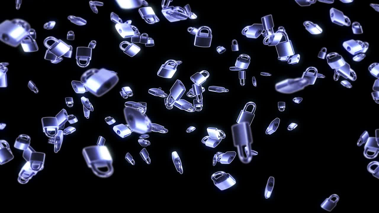 검은색 배경에 많은 은색 패들록을 날리는 보안 또는 비밀 보호 개념, 회전하는 패들록의 3d 애니메이션, 루프 애니메이션.