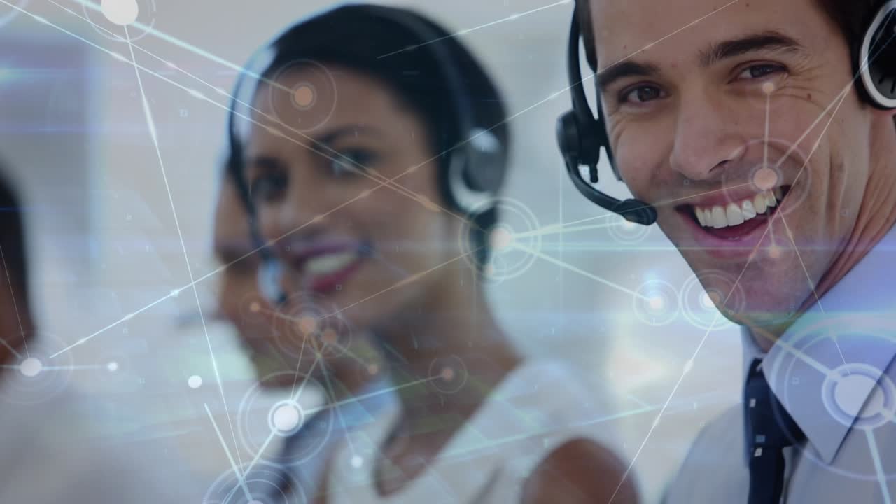 Animation of network of connections over diverse business people in office