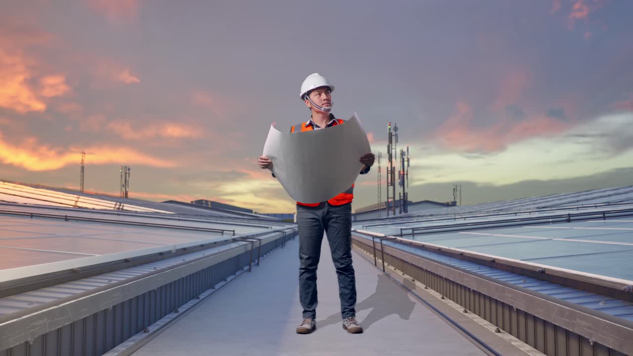Ganzkörperansicht eines asiatischen Ingenieurs mit Schutzhelm, der einen Bauplan in seinen Händen betrachtet und sich umsieht, während er stehend Solarpaneele auf einem Dach inspiziert.