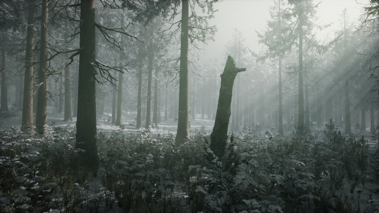 Snødekt skog på en overskyet vinterdag