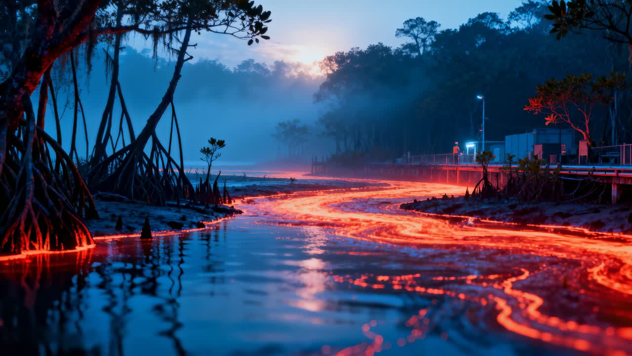 Bagliore dell'alba che fa pulsare un nastro fuso lungo un canale, con riflessi che si spostano verso la passerella.