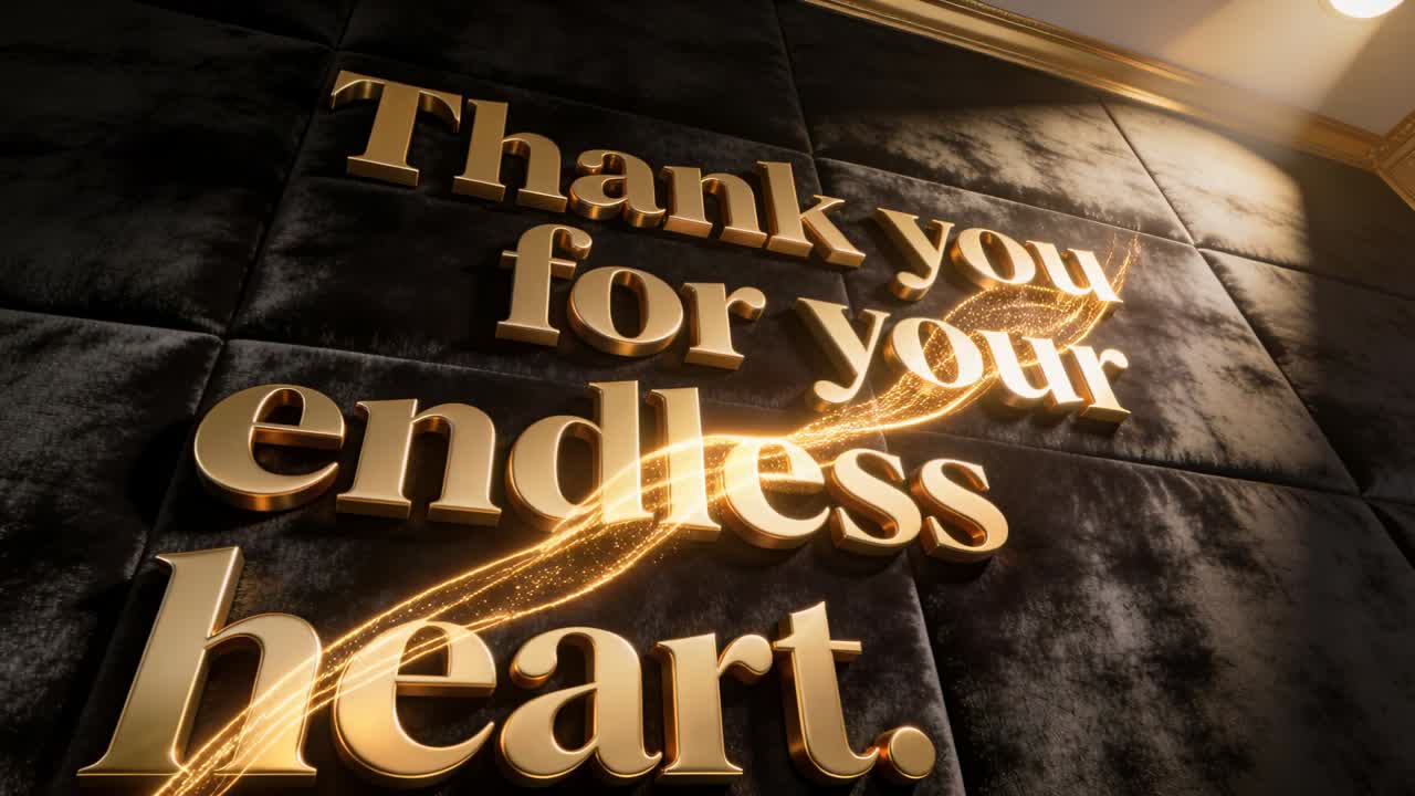 Glowing gold text mounted on quilted wall reacting to light sweep, sending particle trail