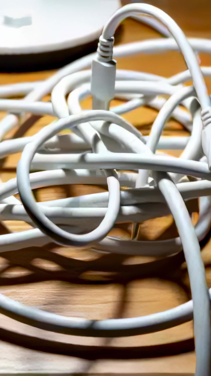 Vertical video: Pulling camera showing tangled charging cable on wooden table to inspect, two ends