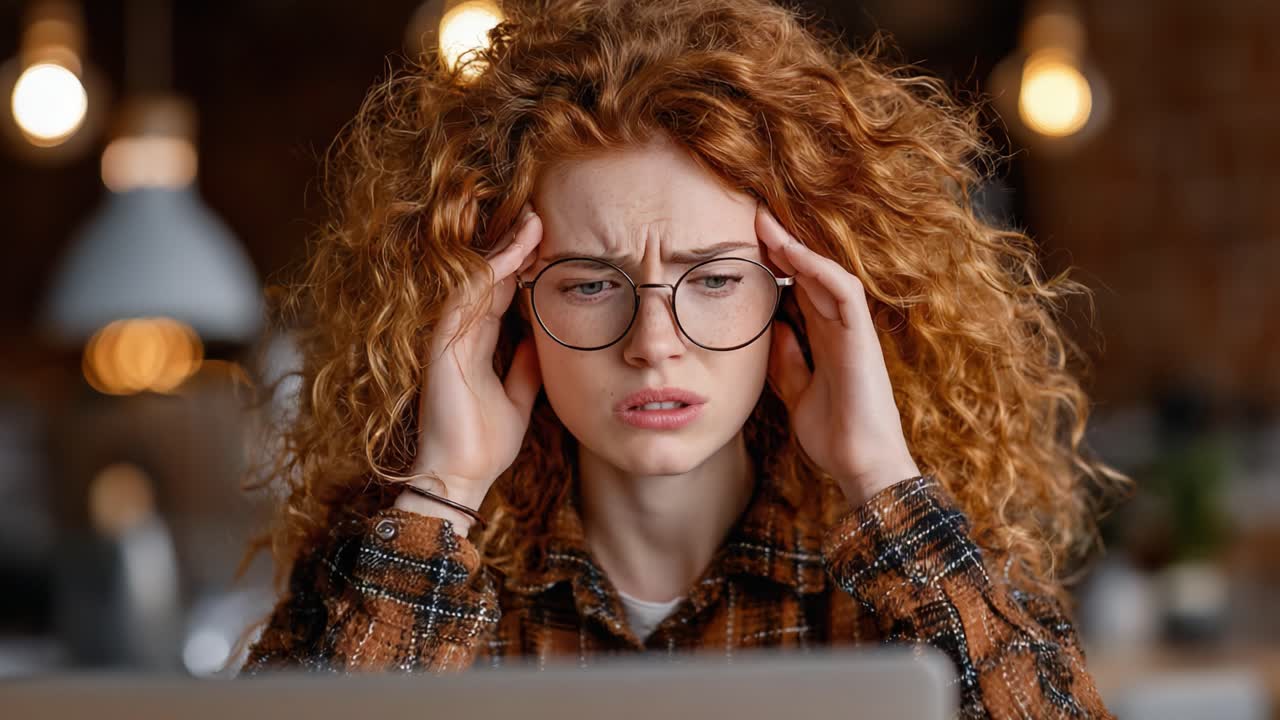 Frustration and Strain: A Young Woman with Curly Red Hair and Glasses Gripping Her Head in Discomfort While Staring at a Computer Screen