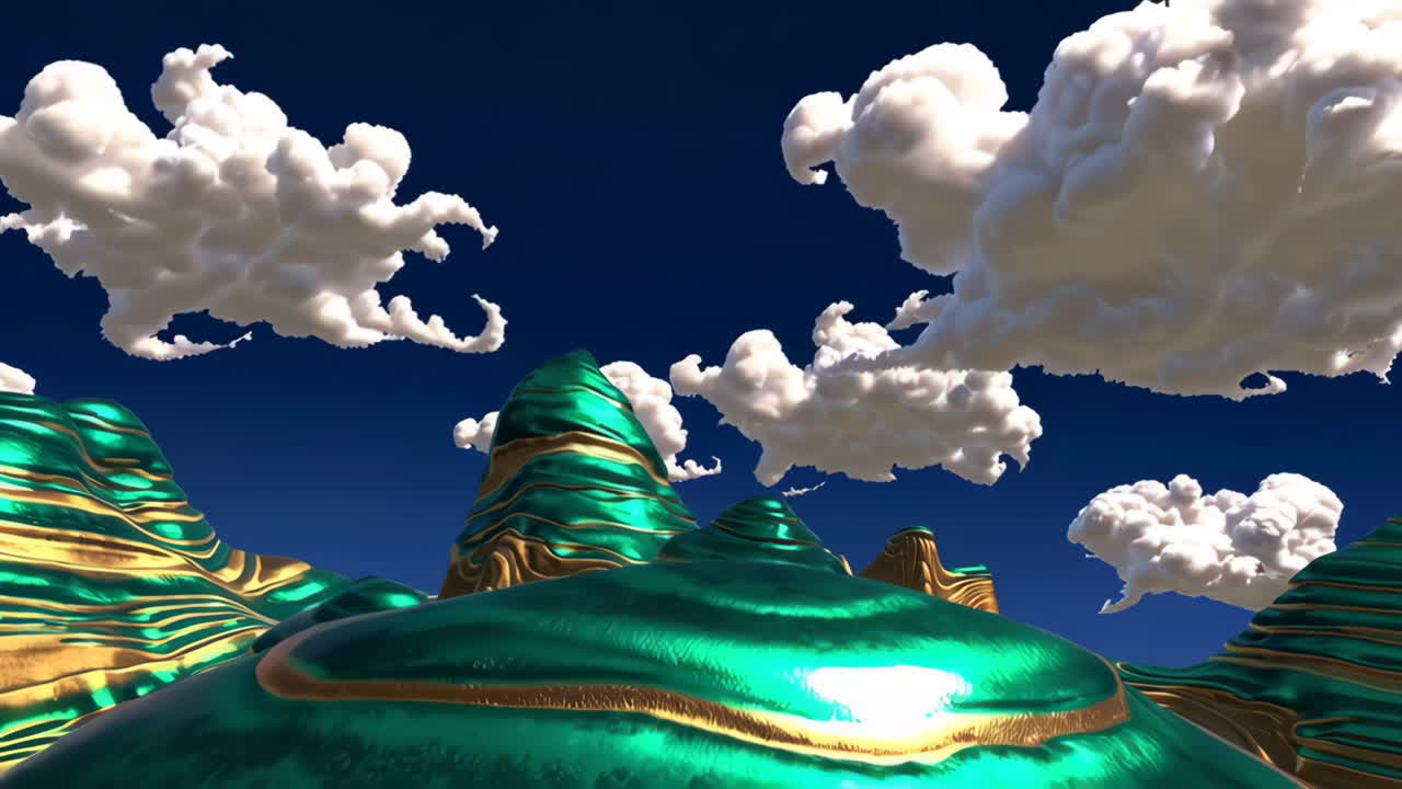 Surreal Green and Gold Landscape with Fluffy Clouds