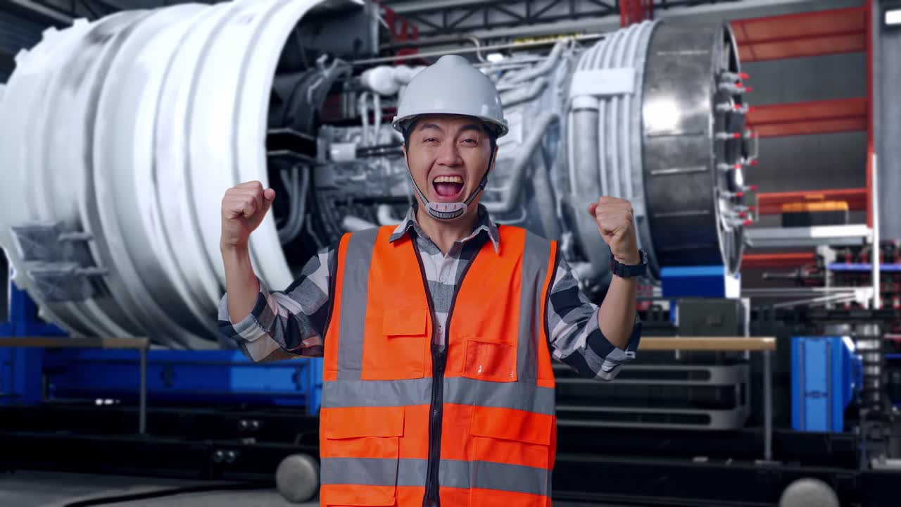 Asian Male Engineer With Safety Helmet Screaming Goal Celebrating Working With Airplane Engine Maintenance Conducted, Analytics Checking the Turbine