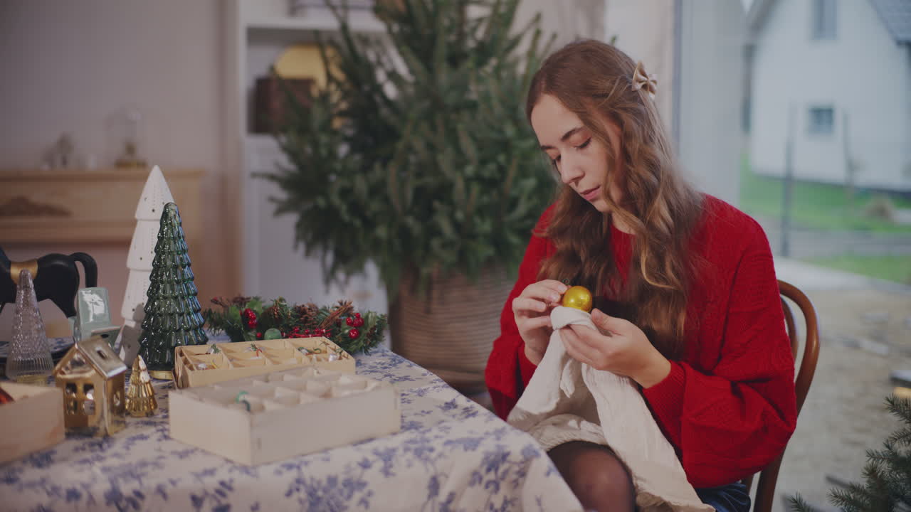 mujer limpiando baubles en casa para navidad