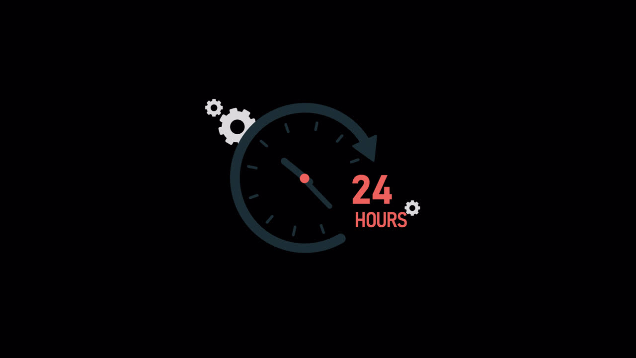 Animated 24 Hours Clock Icon with Rotating Gears