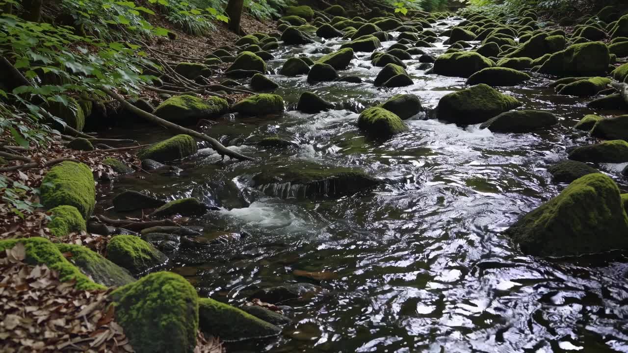 Crystal clear water gently cascading over moss covered stones, creating mesmerizing patterns within lush forest creek ecosystem, embodying natural tranquility and serene wilderness landscape