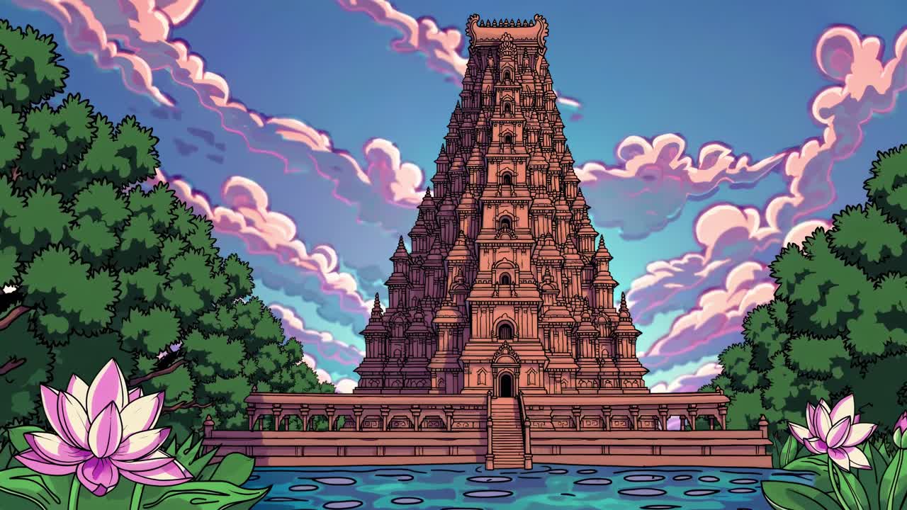 Majestic temple structure rises above serene water, surrounded by lush greenery and blooming lotus flowers, showcasing intricate architecture and vibrant sky