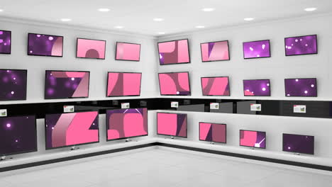 animation of 25 percent text and pink fireworks across multiple flat screen tvs in shop display