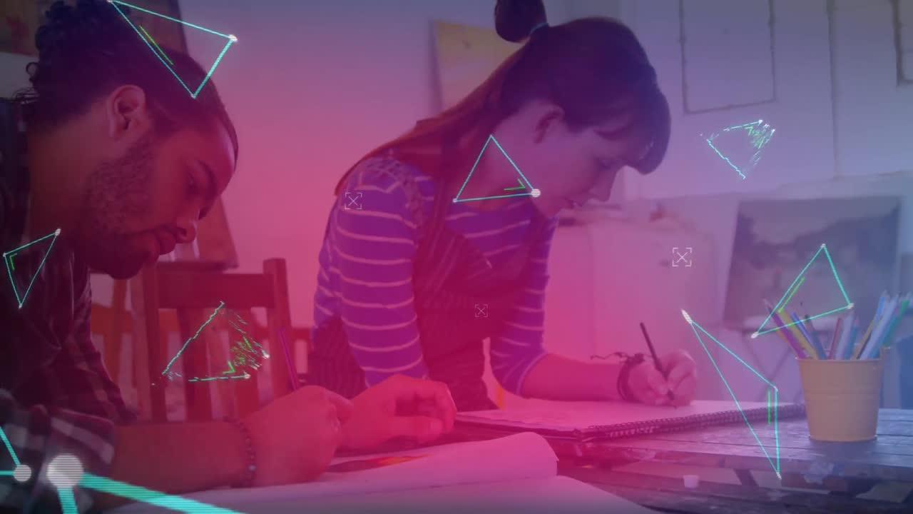 animación de formas que caen sobre un grupo diverso de niños clase de arte