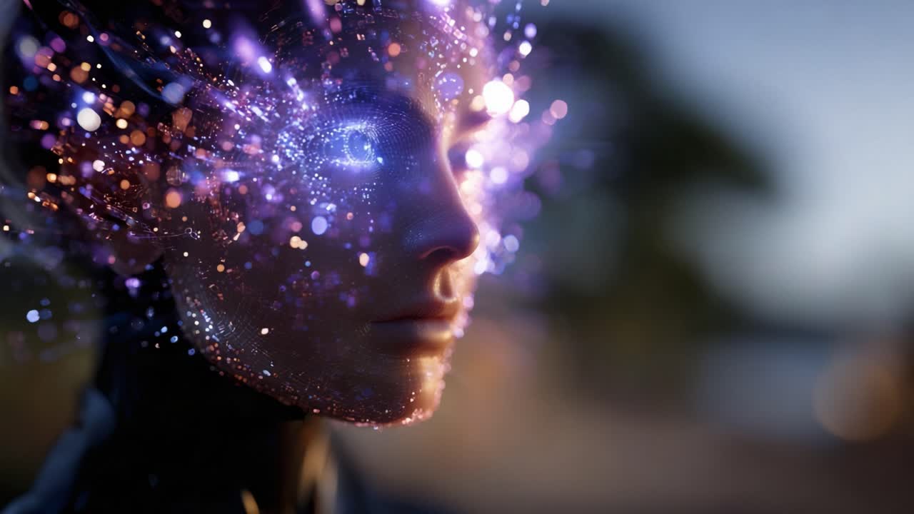 Futuristic Portrait of a Woman with Sparkling Cosmic Elements and Glowing Eyes, Exploring the Intersection of Technology and Human Emotions in a Digital Realm