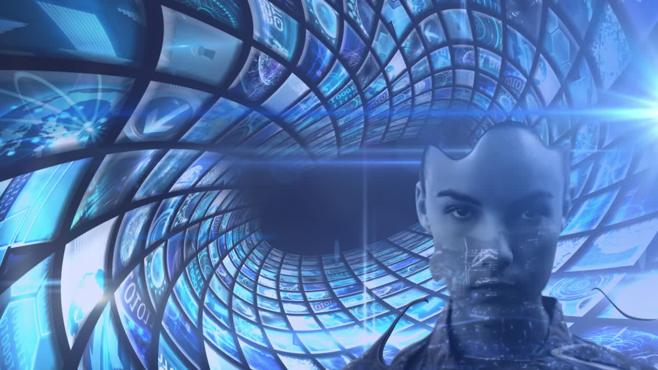 Animation of digital screens over caucasian woman