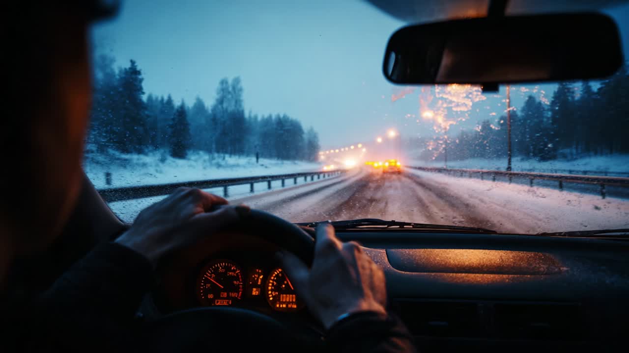A Winter Journey through a Snowy Landscape: Capturing the Experience of Driving on a Slippery Road in Low Visibility Conditions Amidst Falling Snow and Dusk Light
