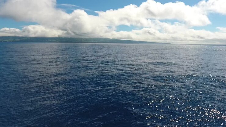 Breve volo sopra l'oceano con un'isola in lontananza