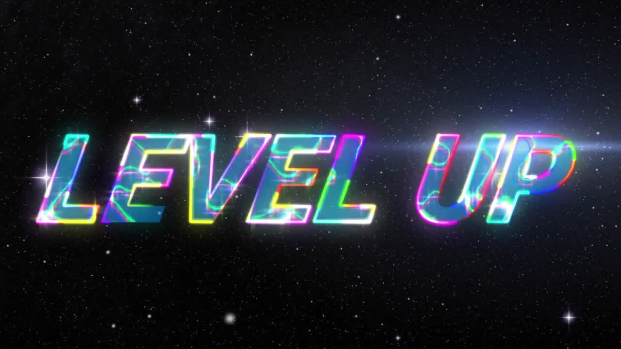 animación de texto de nivel multicolor en patrón abstracto sobre nieve, estrellas en fondo negro