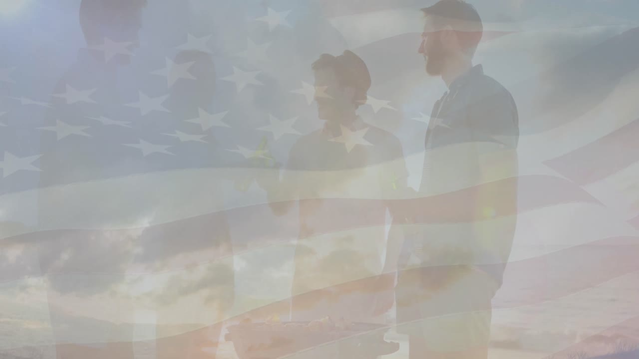 animación de diversos amigos bebiendo cerveza en la playa y bandera de los estados unidos de américa.