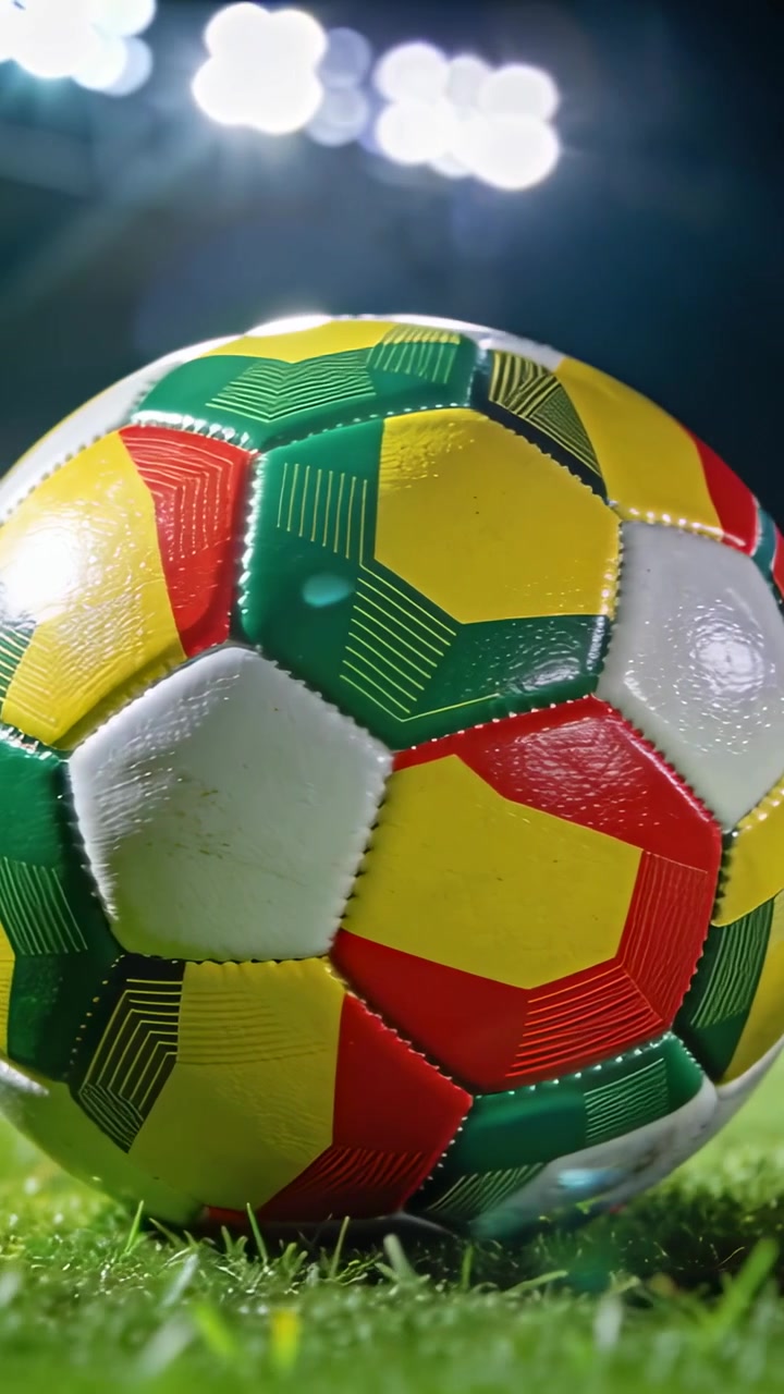 Video verticale: Telecamera che panoramica rivelando un pallone da calcio multicolore sull'erba, mostrando texture e luci