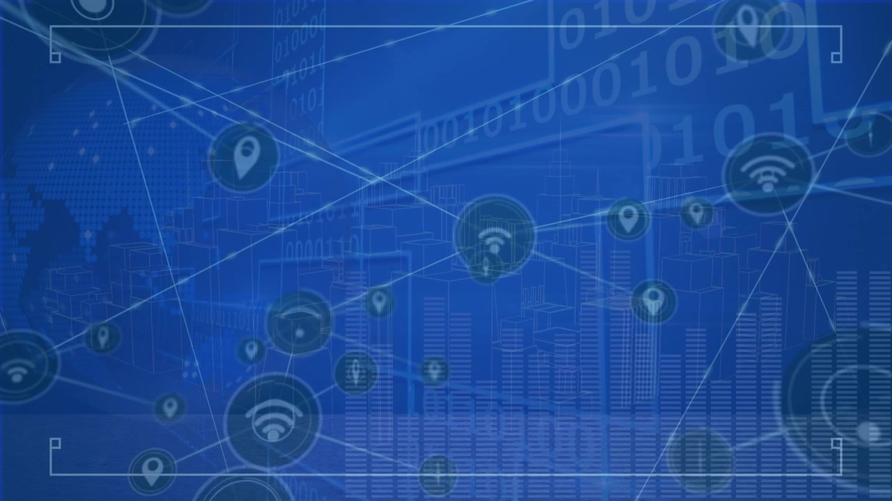 Animation of network of connections, globe and graphs over blue background