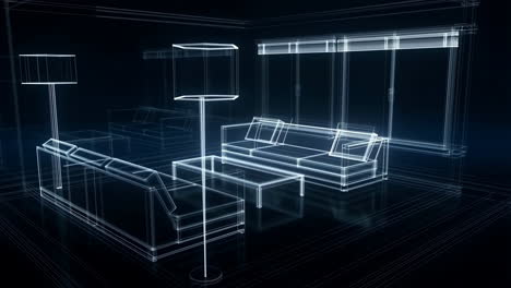 wireframe blueprint of a modern living room interior