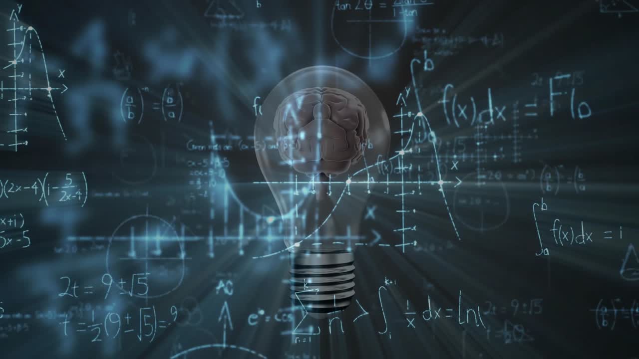 Neon formulas drifting around translucent bulb housing rotating brain while rays illuminating idea