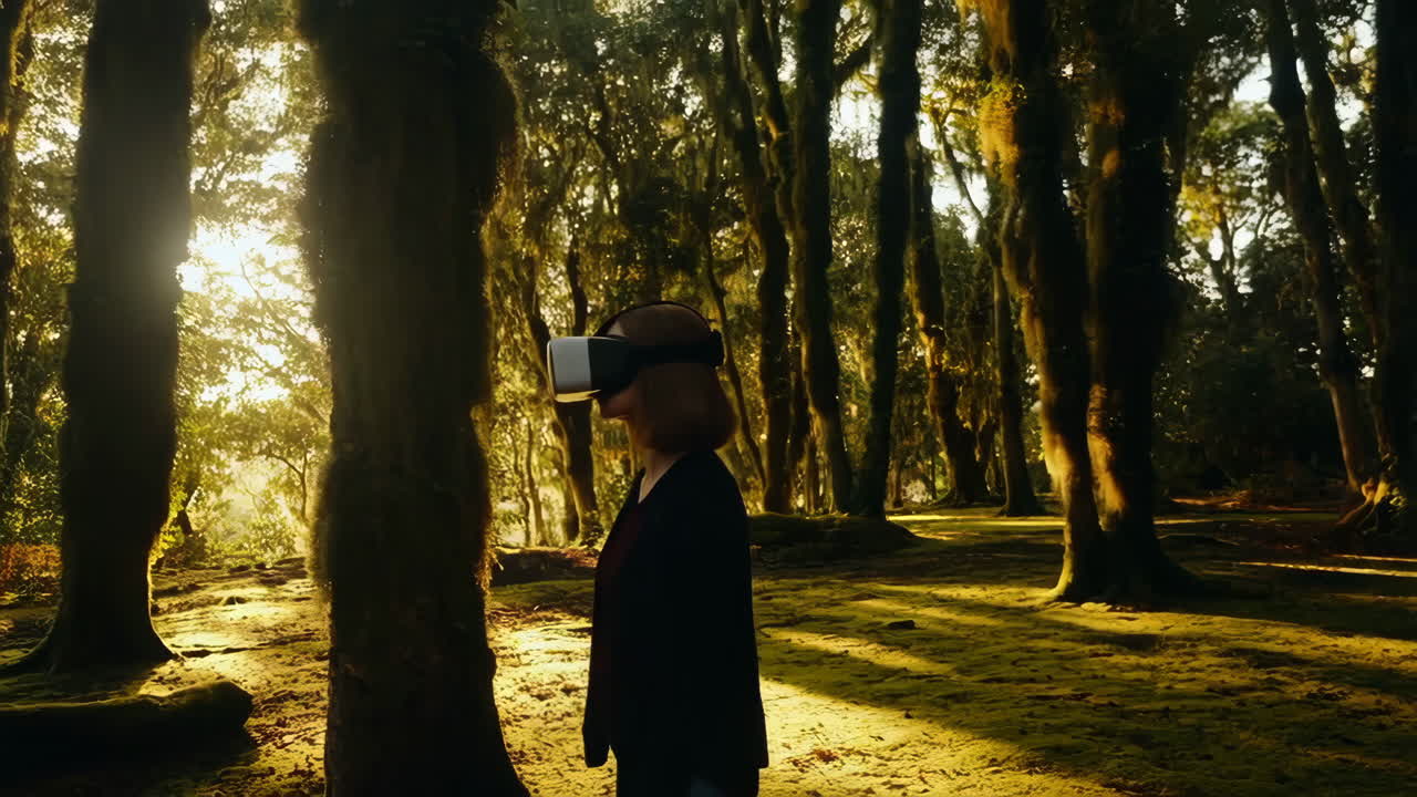 Woman experiencing virtual reality in a serene, mossy forest