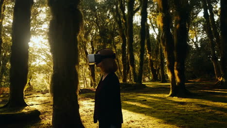 woman experiencing virtual reality in a serene, mossy forest