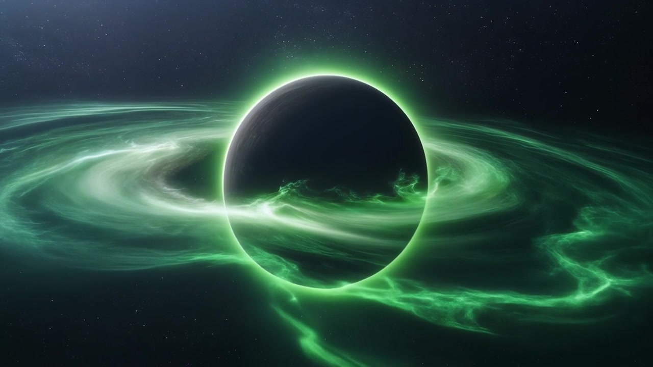 Mørk planet omgivet af glødende grønne tågeringe i det dybe rum