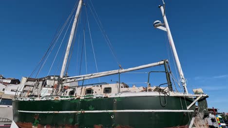 Small-old-sailboat-damaged-by-rust-abandoned-in-the-harbor-in-front-of-fishermen's-dwellings-sunny-day,-close-up-shot-traveling-downwards