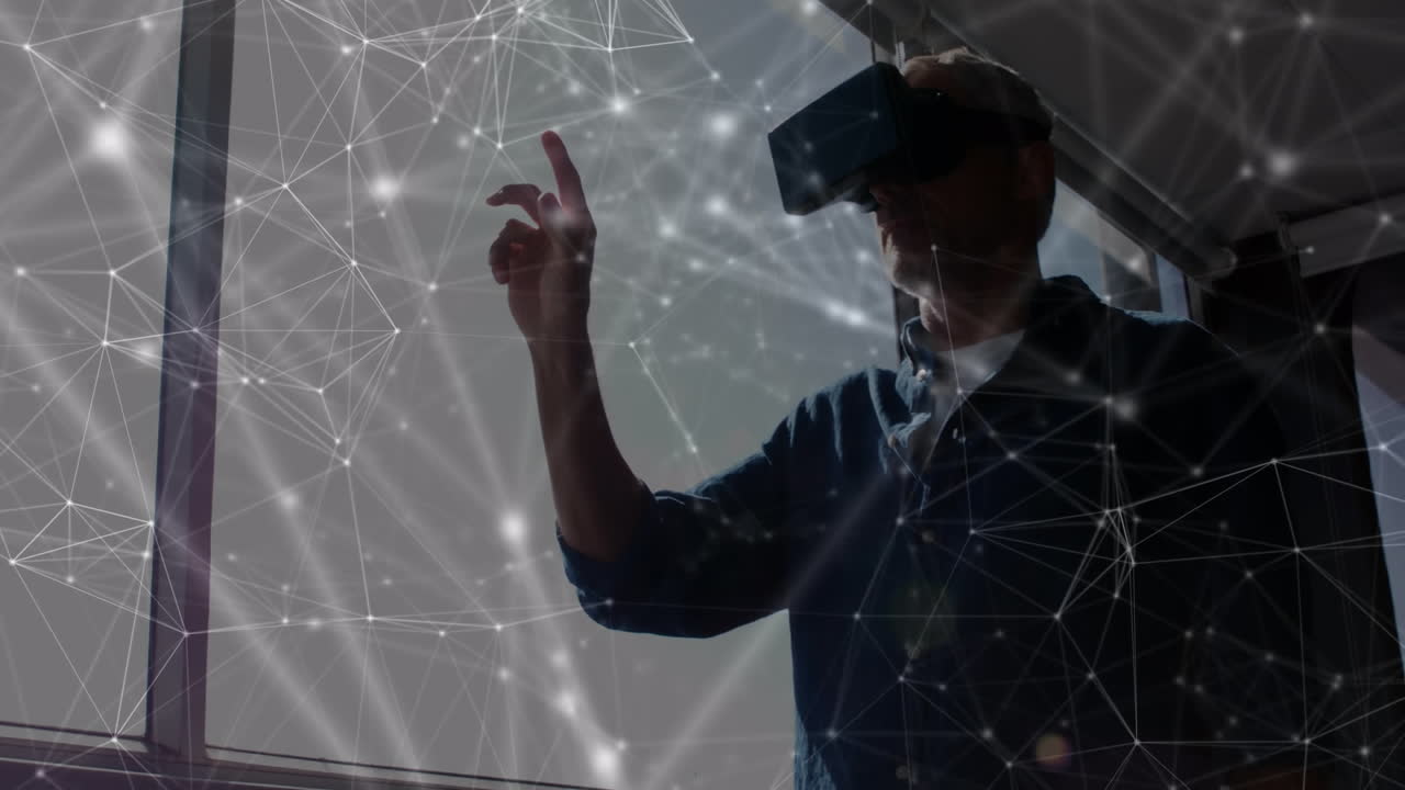 Animazione di rete di connessioni su un uomo che indossa un visore VR