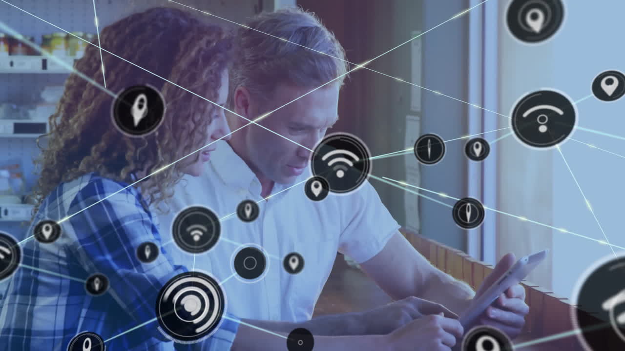 animación de la red de conexiones con iconos wifi sobre diversas personas de negocios con tableta