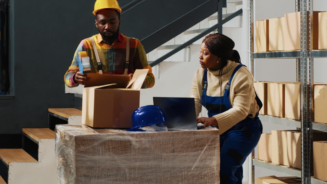 Warehouse employees working with boxes and laptop