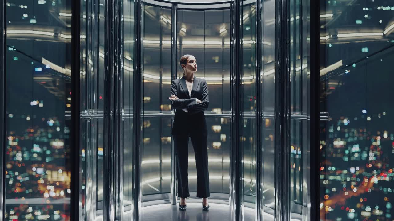 Confident businesswoman standing with arms crossed in panoramic glass elevator, enjoying the breathtaking view of illuminated cityscape at night, showcasing ambition, success, and urban lifestyle