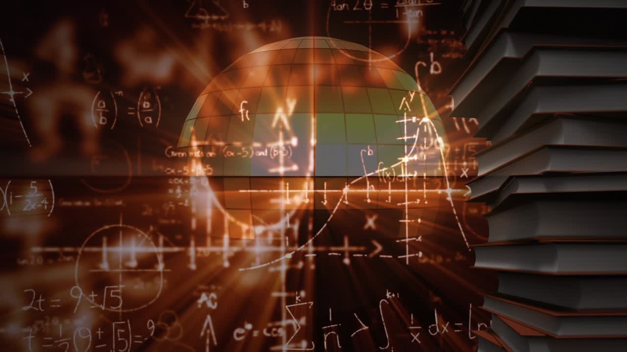 Animation of mathematical equations over disco ball and books on black background