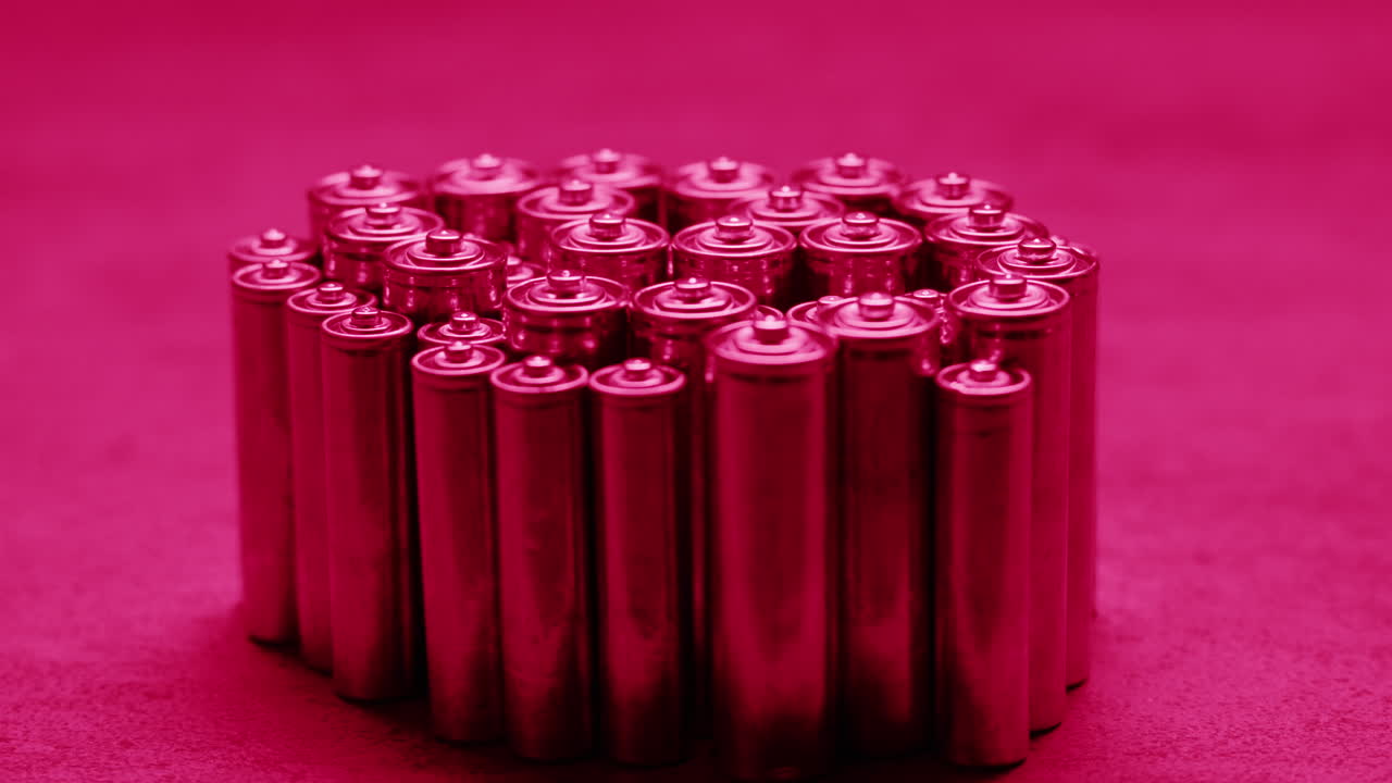 Silver batteries AA and AAA in neon light close-up. Double-A battery is a standard size single cell cylindrical dry battery. Batteries are common in portable electronic devices. An AA battery is composed of a single electrochemical cell that may be either a primary battery or a rechargeable battery.