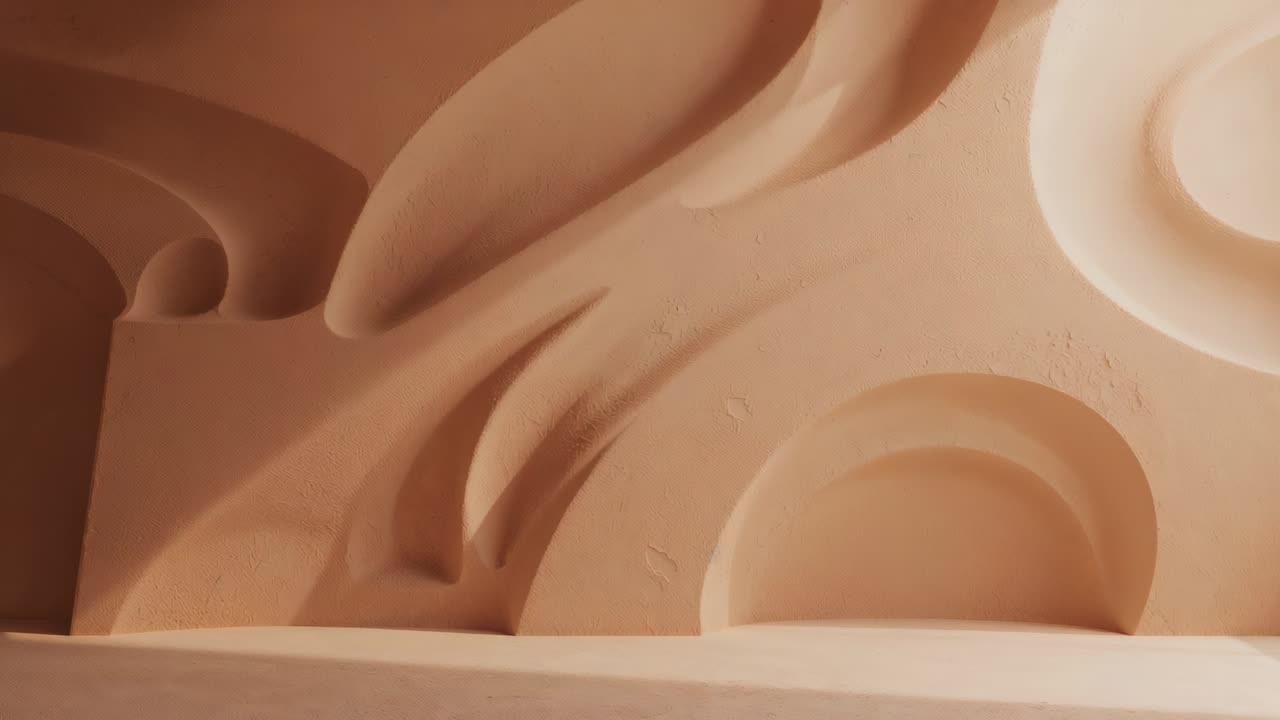 Panning camera revealing abstract sculptural wall panel in gallery, emphasizing rounded contours
