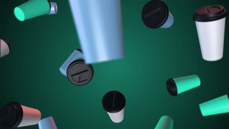 tres tazas de café de colores en el fondo. renderizado abstracto en 3d con luz brillante y sombras. patrón de tazas de cafe. animación en bucle. giran en gravedad cero. azul turquesa blanco