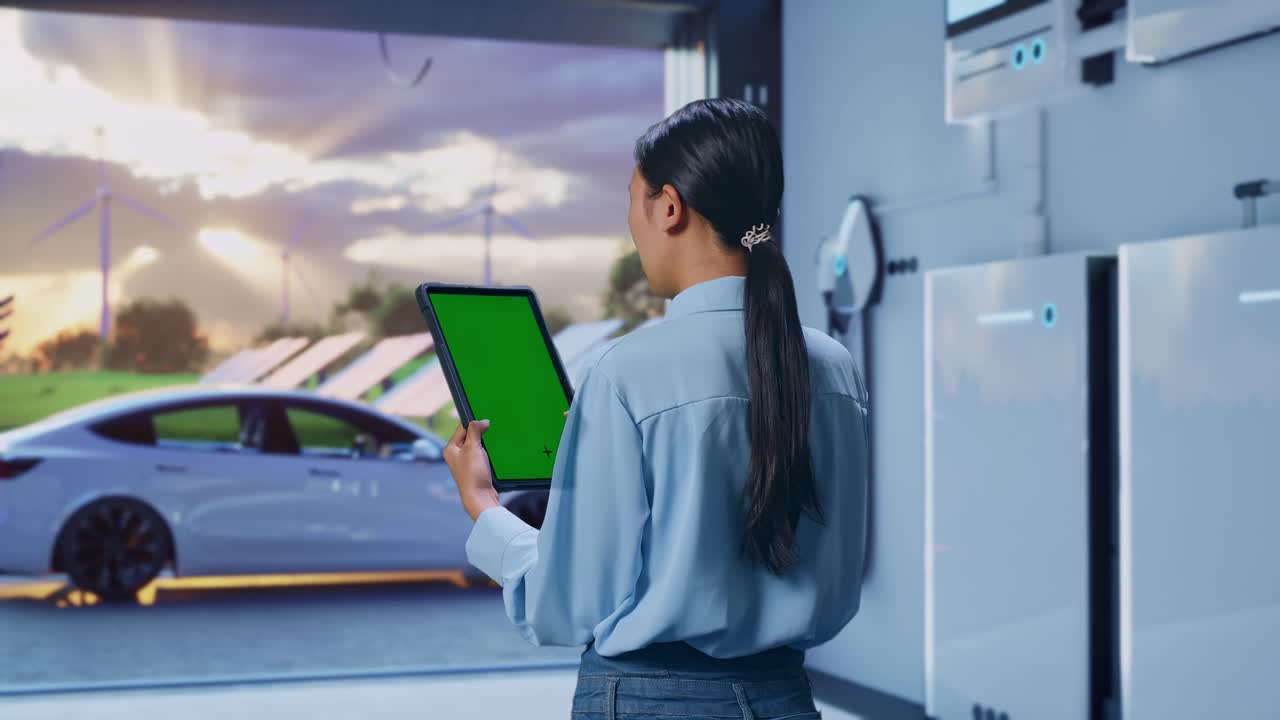 Back View Of Asian Female With Home Energy Storage System In a Modern Garage, Checking On Tablet With Green Screen And Look At The Factory Once