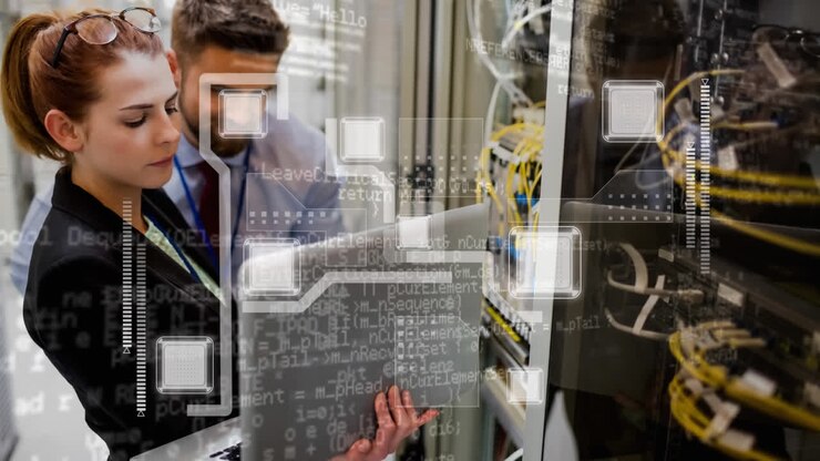 Animation of data processing over caucasian woman in server room
