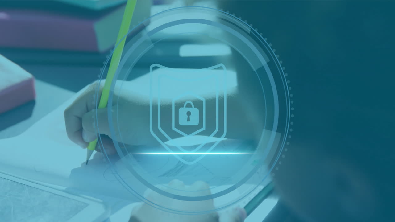 Lock symbol animation over person writing with pencil on paper