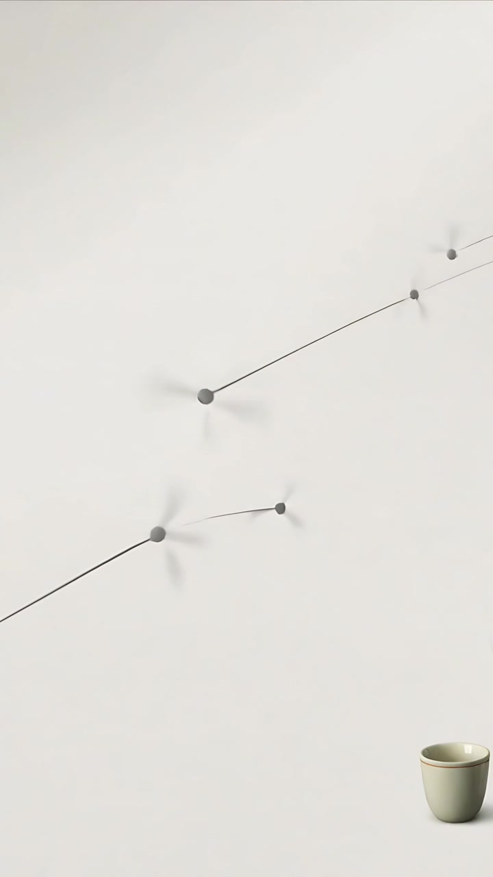 Vertical video: Powering nodes spinning and beads moving along wires on pale wall, with green cup