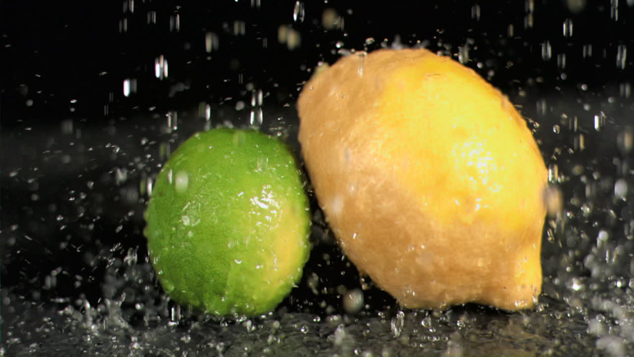 agua lloviendo sobre la fruta en súper cámara lenta