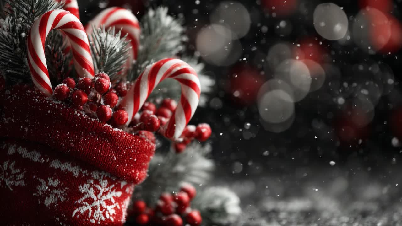 A Festive Display of Candy Canes and Red Berries in a Decorative Holiday Basket Surrounded by a Soft Glowing Background for a Magical Winter Atmosphere